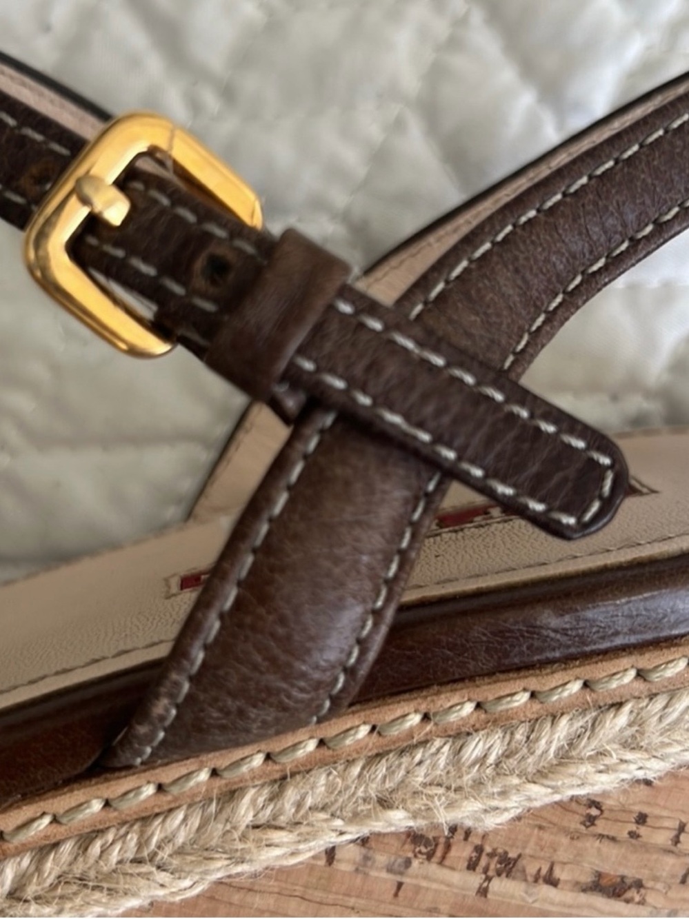Prada Brown Leather Cork Wedge Sandals with Gold Buckle - Picture 6 of 9